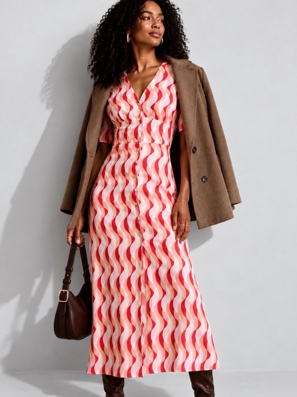 Anthropologie Nobody’s Child Alexa Wavy Retro Button-Front Midi Dress Size 6